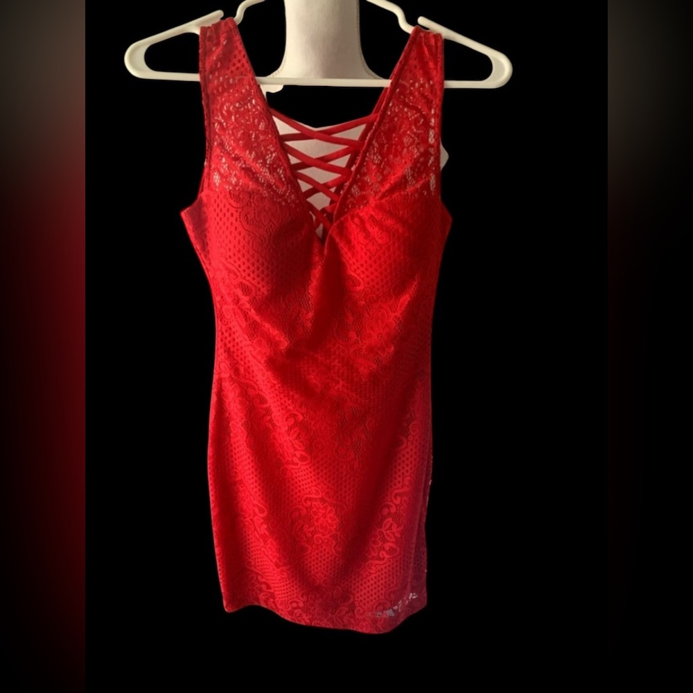 Lady in red mini dress by Guess